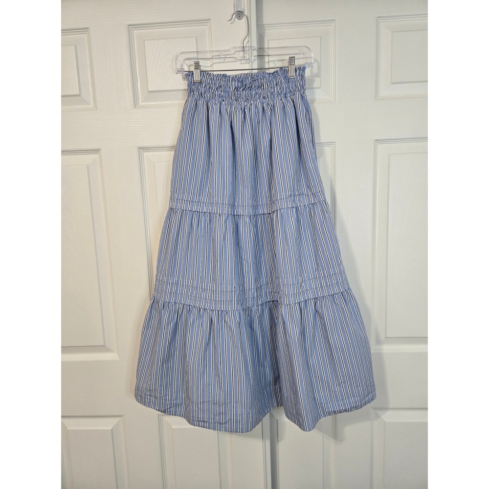 Quince Organic Cotton Poplin Tiered Maxi Skirt Tribeca Stripe Blue XS